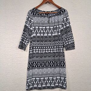 Mossimo Black White Print Dress Women's Size S 3/4 Sleeve Knee Length Casual